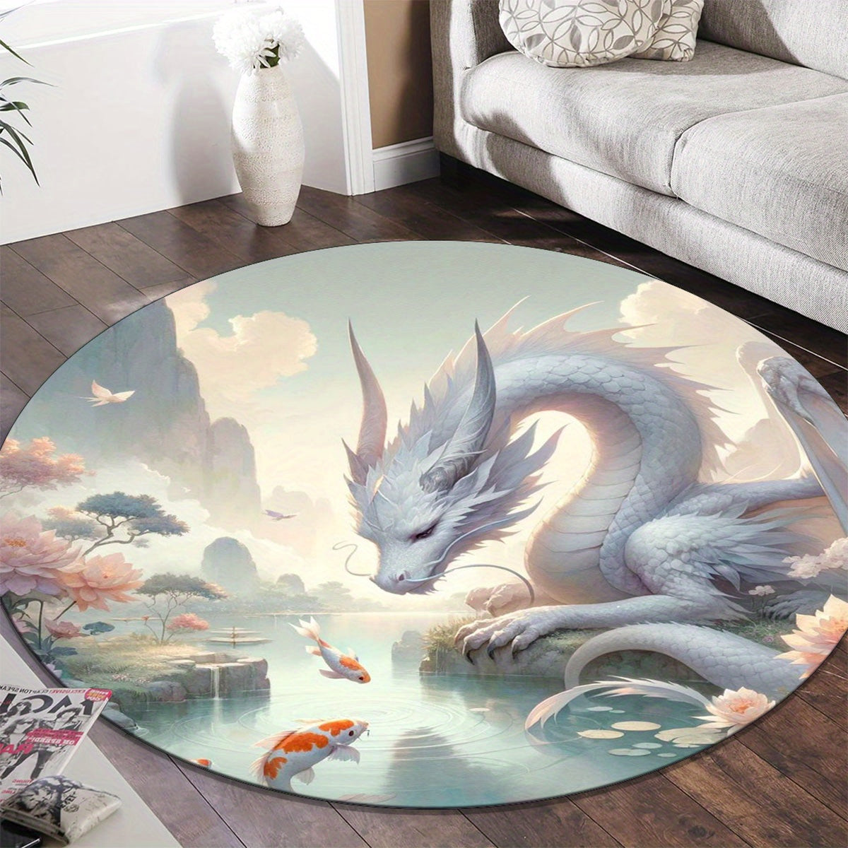 Soft Crystal Velvet White Dragon Round Rug - Perfect for Living Room, Bedroom, and Home Decor - Ideal Gift for Hotels & Offices