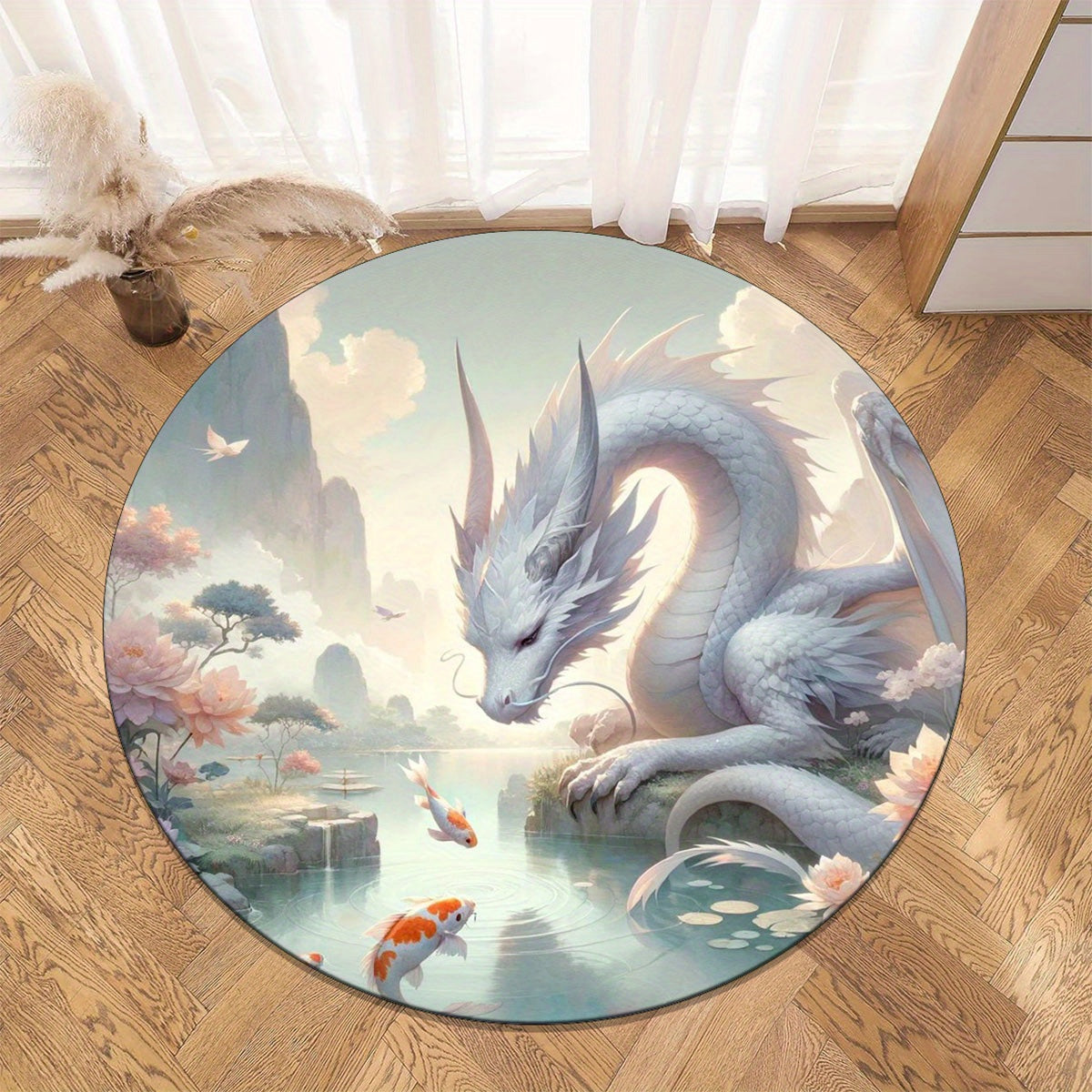 Soft Crystal Velvet White Dragon Round Rug - Perfect for Living Room, Bedroom, and Home Decor - Ideal Gift for Hotels & Offices