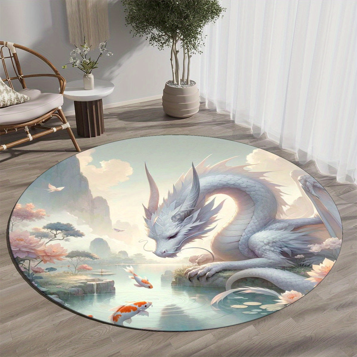 Soft Crystal Velvet White Dragon Round Rug - Perfect for Living Room, Bedroom, and Home Decor - Ideal Gift for Hotels & Offices