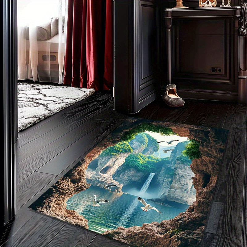 Product 1pc Creative 3D Natural Landscape Printed Carpet, Indoor Area Decoration Carpet, Table and Chair Anti-slip Mat, Outdoor Camping Mat, Anti-slip, Non-shedding, Waterproof, Wear-resistant, Suitable for Living Room Decora