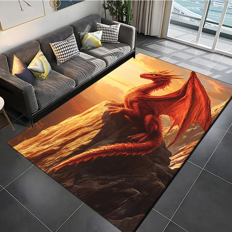 Polyester Dragon Area Rug – Anti-slip Crystal Velvet Carpet with Sunset Cliff Dragon Print for Bedroom, Living Room, Home Decor – Large Size (≥1.8m Longest Side, Area ≥ 2.16m²)