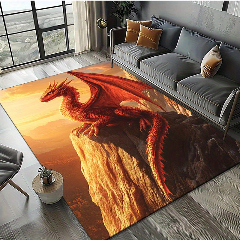 Polyester Dragon Area Rug – Anti-slip Crystal Velvet Carpet with Sunset Cliff Dragon Print for Bedroom, Living Room, Home Decor – Large Size (≥1.8m Longest Side, Area ≥ 2.16m²)