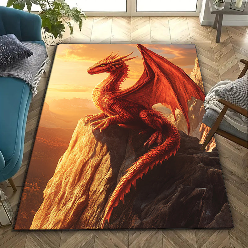 Polyester Dragon Area Rug – Anti-slip Crystal Velvet Carpet with Sunset Cliff Dragon Print for Bedroom, Living Room, Home Decor – Large Size (≥1.8m Longest Side, Area ≥ 2.16m²)