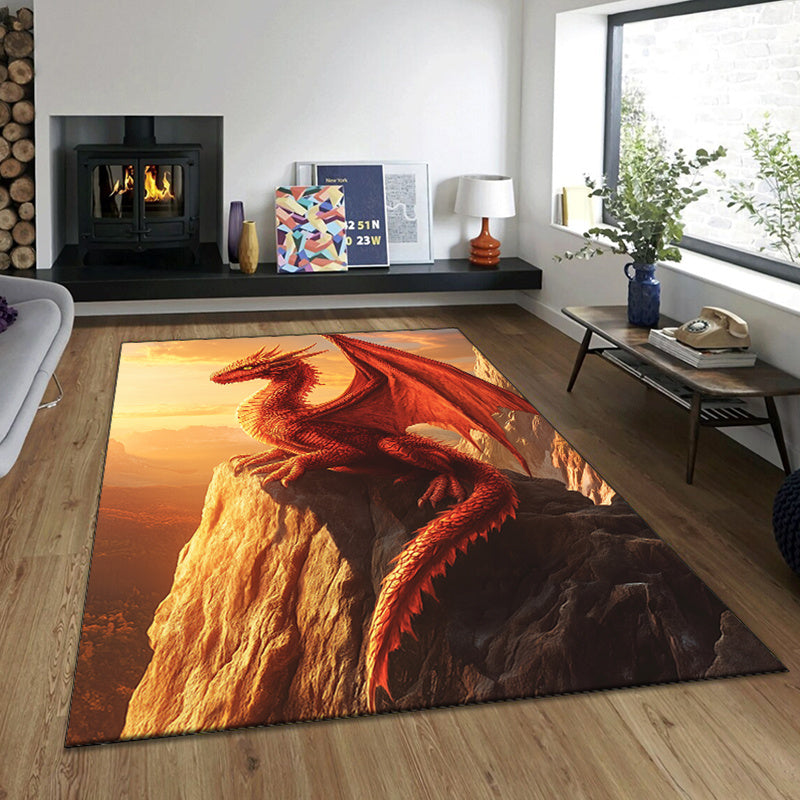 Polyester Dragon Area Rug – Anti-slip Crystal Velvet Carpet with Sunset Cliff Dragon Print for Bedroom, Living Room, Home Decor – Large Size (≥1.8m Longest Side, Area ≥ 2.16m²)