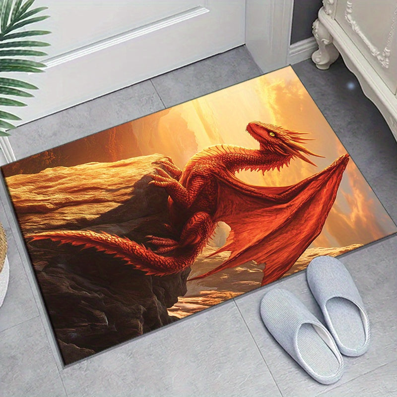 Polyester Dragon Area Rug – Anti-slip Crystal Velvet Carpet with Sunset Cliff Dragon Print for Bedroom, Living Room, Home Decor – Large Size (≥1.8m Longest Side, Area ≥ 2.16m²)