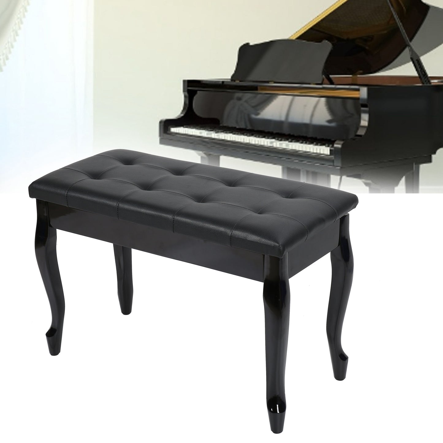 Wood Piano Bench with Storage Box PU Leather Padded Cushion for Recording Room Concert