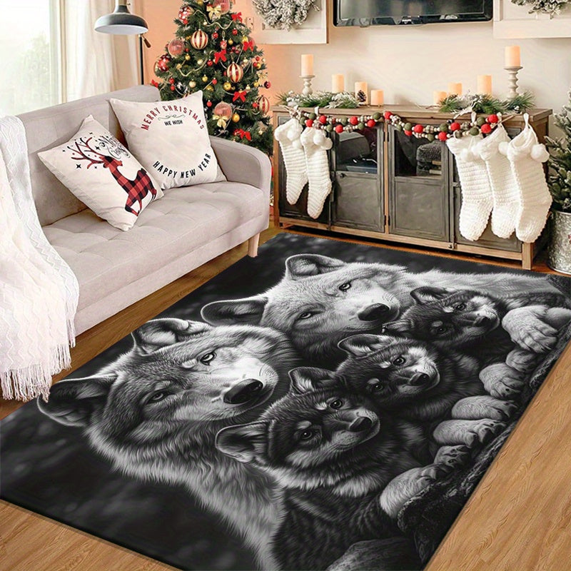 Festive 3D Wolf Family Printed Carpet: Non-slip, Durable, and Perfect for Living Room, Bedroom, or Game Area - Available in Various Sizes