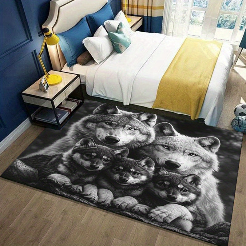 Festive 3D Wolf Family Printed Carpet: Non-slip, Durable, and Perfect for Living Room, Bedroom, or Game Area - Available in Various Sizes