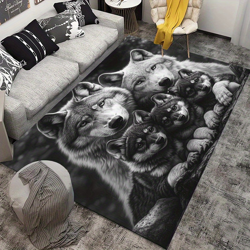 Festive 3D Wolf Family Printed Carpet: Non-slip, Durable, and Perfect for Living Room, Bedroom, or Game Area - Available in Various Sizes