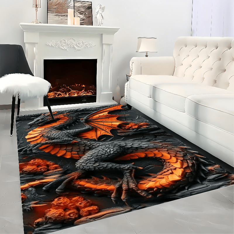 Dragon-Themed Area Rug - 1pc Polyester Knit Non-Slip, Stain-Resistant, Waterproof Indoor/Outdoor Carpet for Living Room, Bedroom, Office, Machine Washable