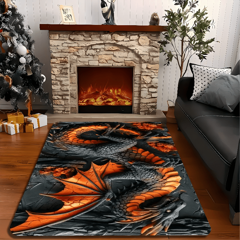 Dragon-Themed Area Rug - 1pc Polyester Knit Non-Slip, Stain-Resistant, Waterproof Indoor/Outdoor Carpet for Living Room, Bedroom, Office, Machine Washable