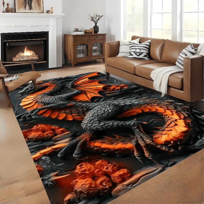 Dragon-Themed Area Rug - 1pc Polyester Knit Non-Slip, Stain-Resistant, Waterproof Indoor/Outdoor Carpet for Living Room, Bedroom, Office, Machine Washable