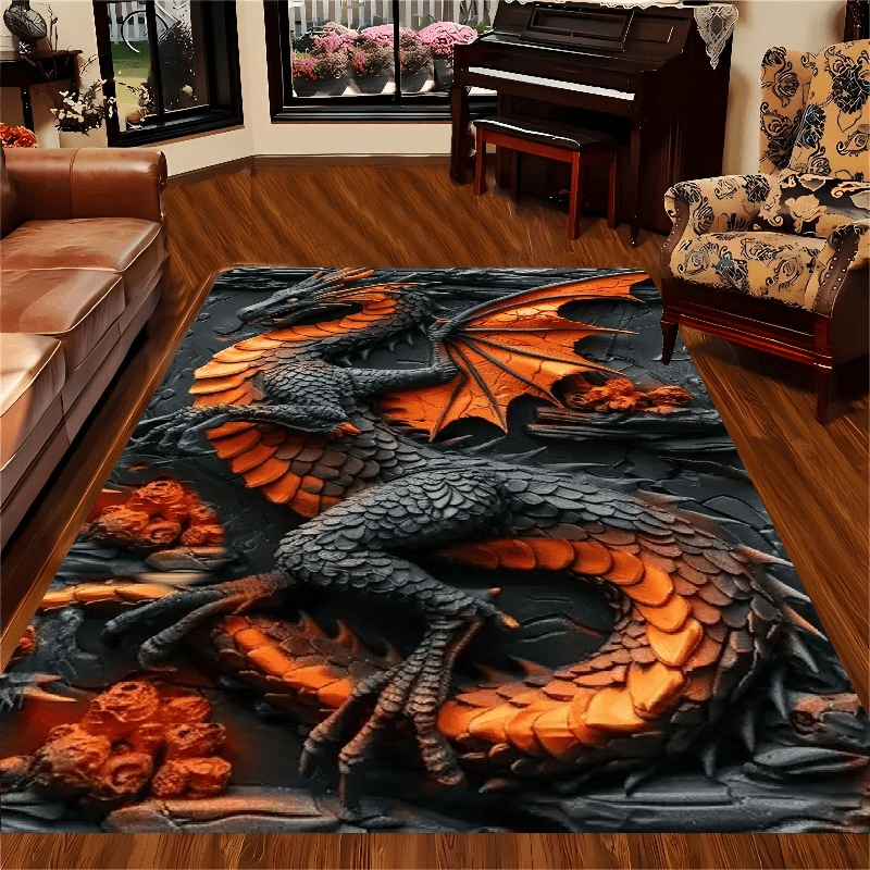 Dragon-Themed Area Rug - 1pc Polyester Knit Non-Slip, Stain-Resistant, Waterproof Indoor/Outdoor Carpet for Living Room, Bedroom, Office, Machine Washable