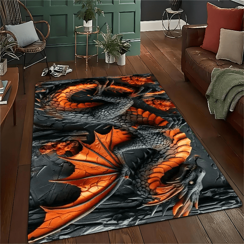 Dragon-Themed Area Rug - 1pc Polyester Knit Non-Slip, Stain-Resistant, Waterproof Indoor/Outdoor Carpet for Living Room, Bedroom, Office, Machine Washable