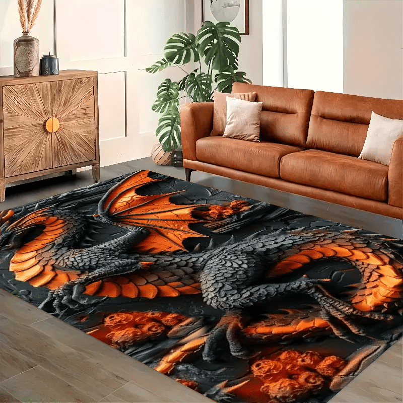 Dragon-Themed Area Rug - 1pc Polyester Knit Non-Slip, Stain-Resistant, Waterproof Indoor/Outdoor Carpet for Living Room, Bedroom, Office, Machine Washable