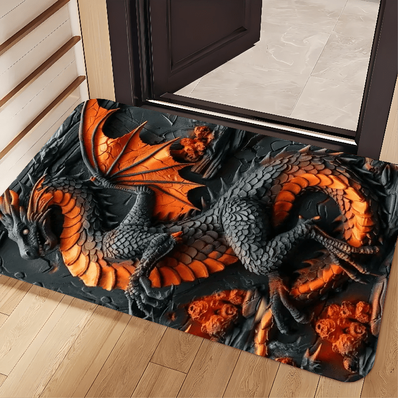 Dragon-Themed Area Rug - 1pc Polyester Knit Non-Slip, Stain-Resistant, Waterproof Indoor/Outdoor Carpet for Living Room, Bedroom, Office, Machine Washable