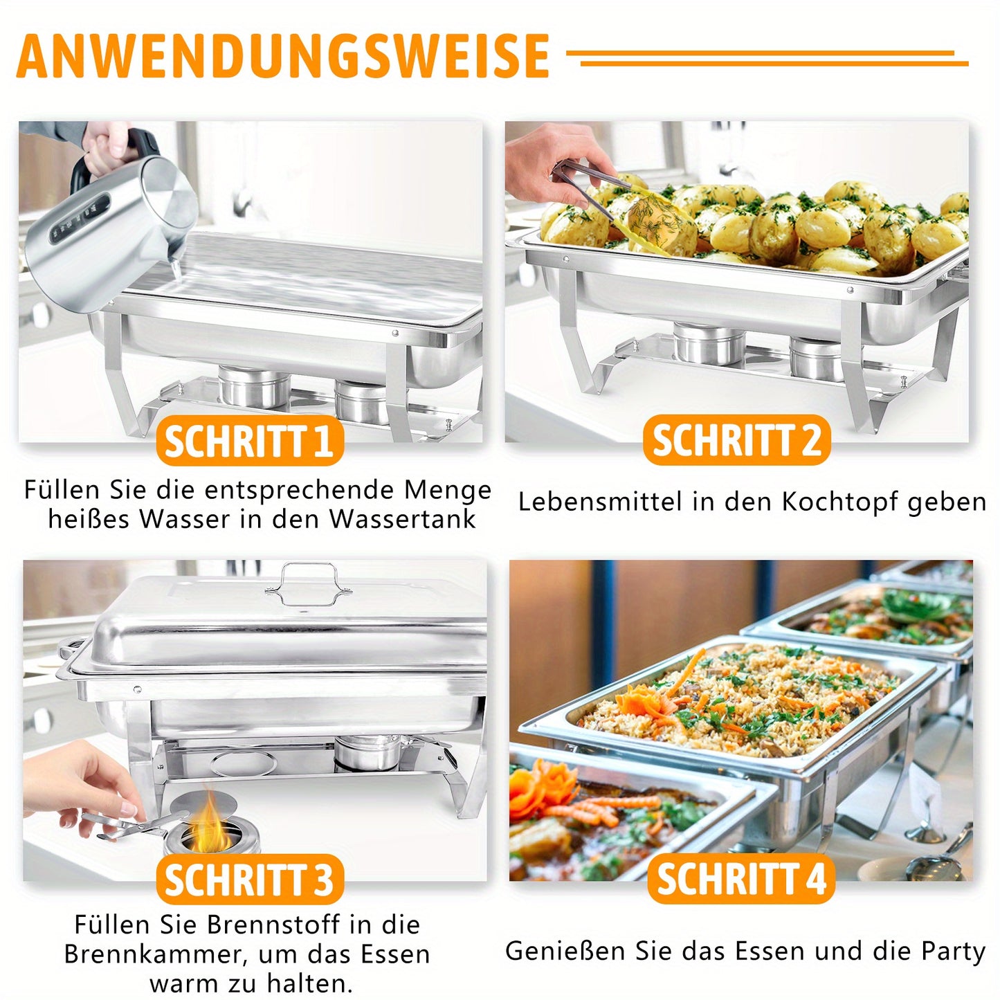 2/4/6/8 Stück 9L Chafing Dish Buffet Set Edelstahl Warmhaltebehälter Speisenwärmer Wärmebehälter für Catering, Buffet und Party