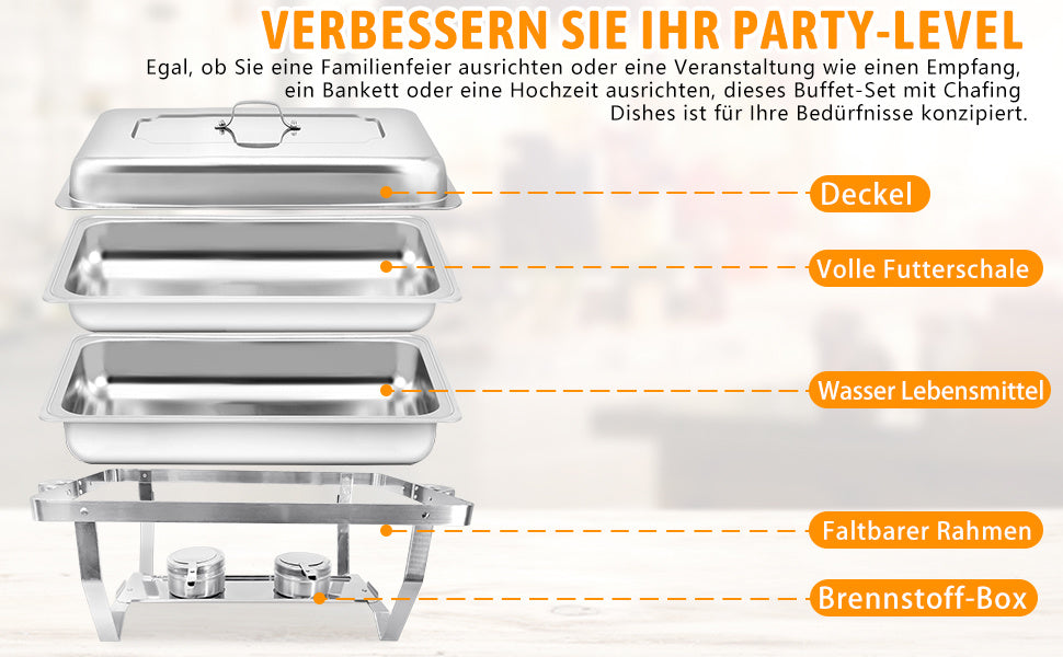 2/4/6/8 Stück 9L Chafing Dish Buffet Set Edelstahl Warmhaltebehälter Speisenwärmer Wärmebehälter für Catering, Buffet und Party