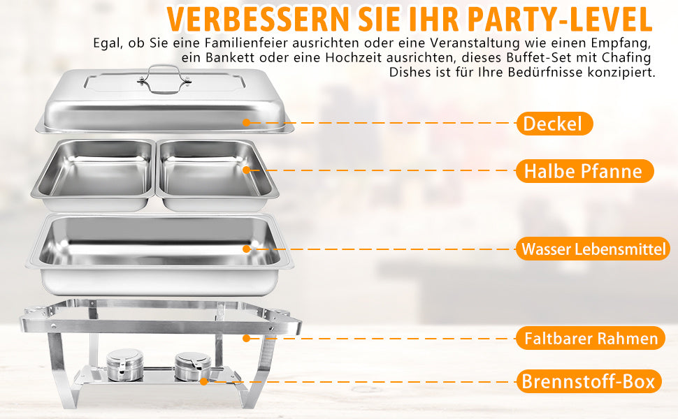 2/4/6/8 Stück 9L Chafing Dish Buffet Set Edelstahl mit halber Größe Lebensmittel Pfannen Wärmebehälter für Catering, Buffet und Party