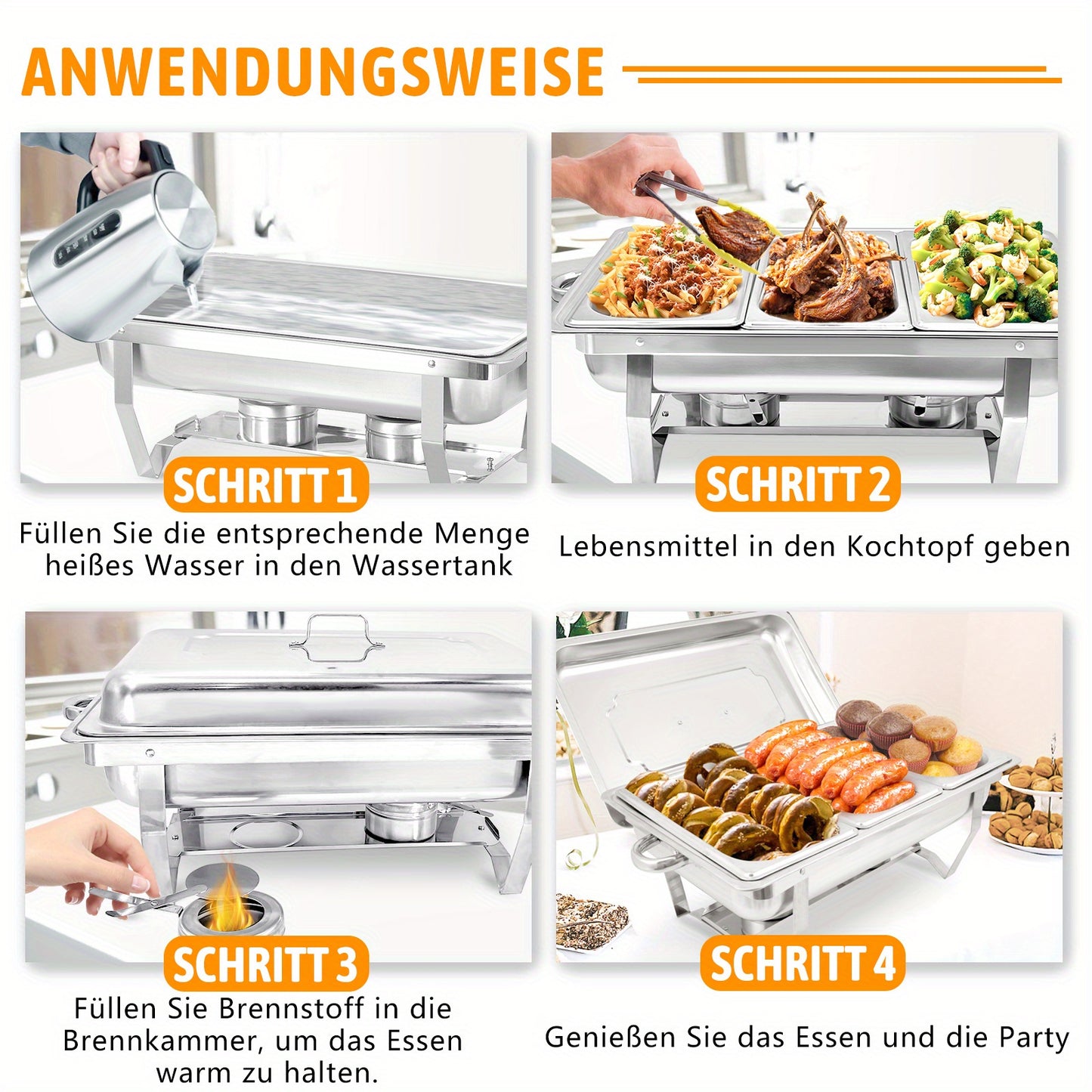 2/4/6/8 Stück 9L Edelstahl Chafing Dish Buffet Set mit 1/3 Größe Lebensmittel Pfannen Erwärmungsbehälter für Catering, Buffet und Party