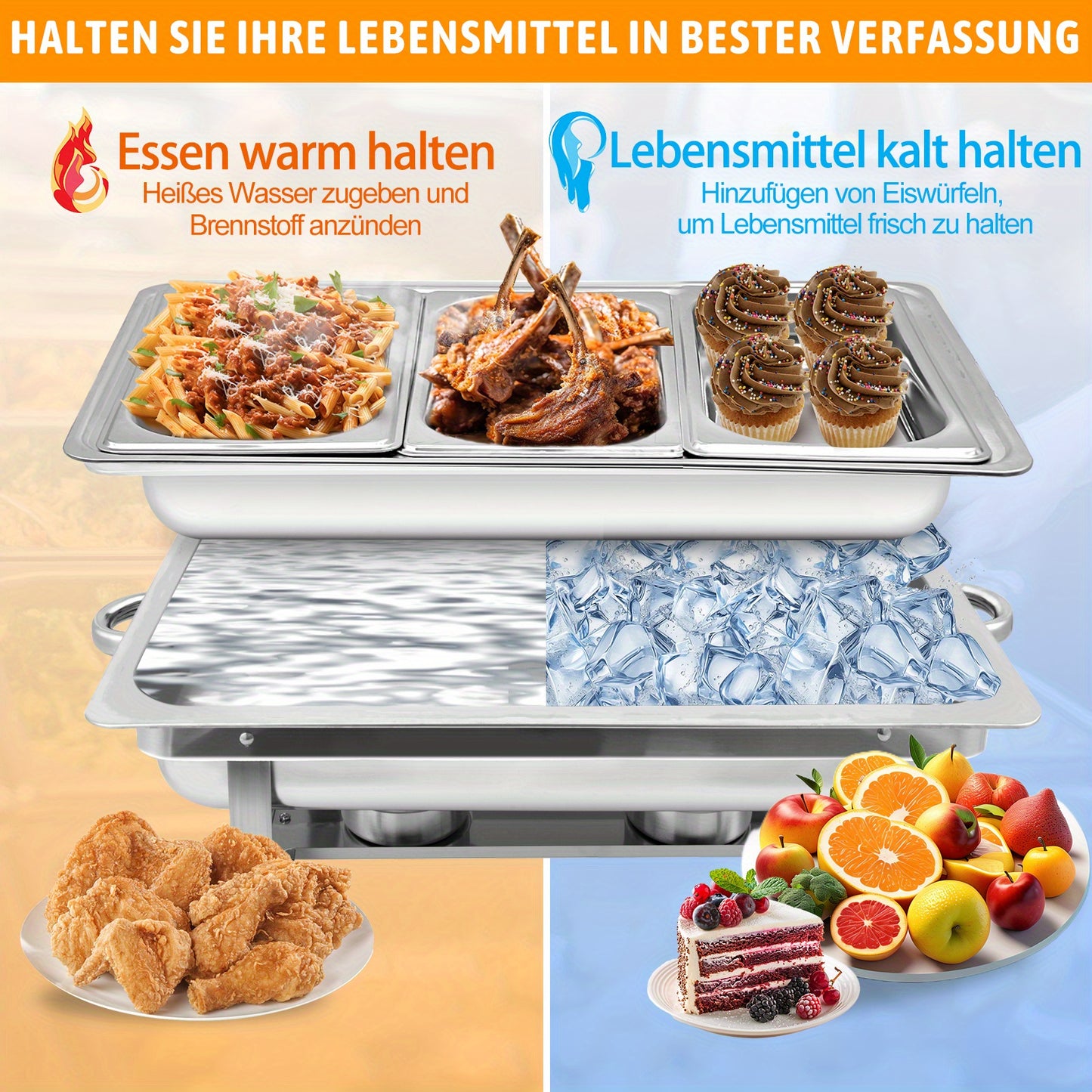 2/4/6/8 Stück 9L Edelstahl Chafing Dish Buffet Set mit 1/3 Größe Lebensmittel Pfannen Erwärmungsbehälter für Catering, Buffet und Party