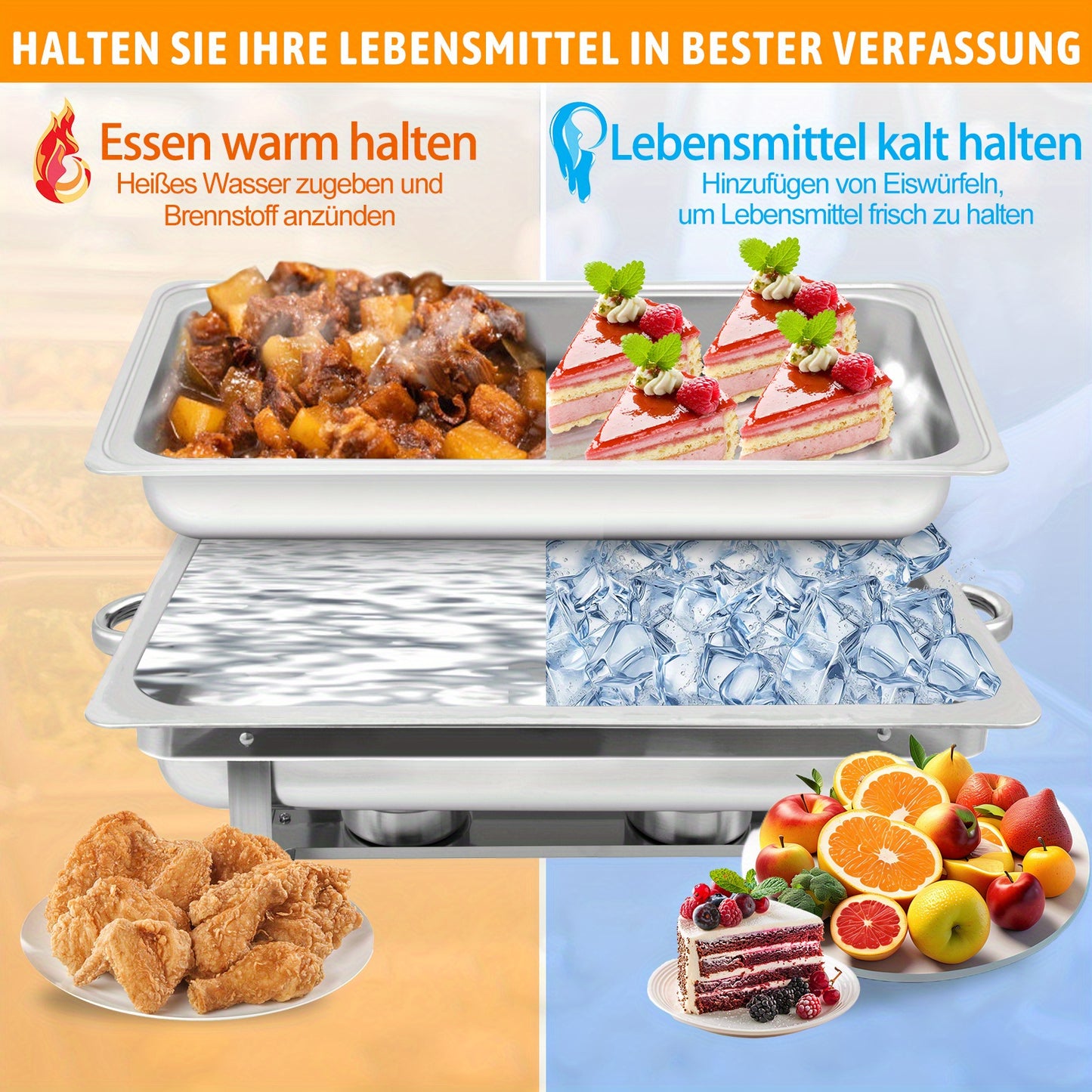 2/4/6/8 Stück 9L Chafing Dish Buffet Set Edelstahl Warmhaltebehälter Speisenwärmer Wärmebehälter für Catering, Buffet und Party