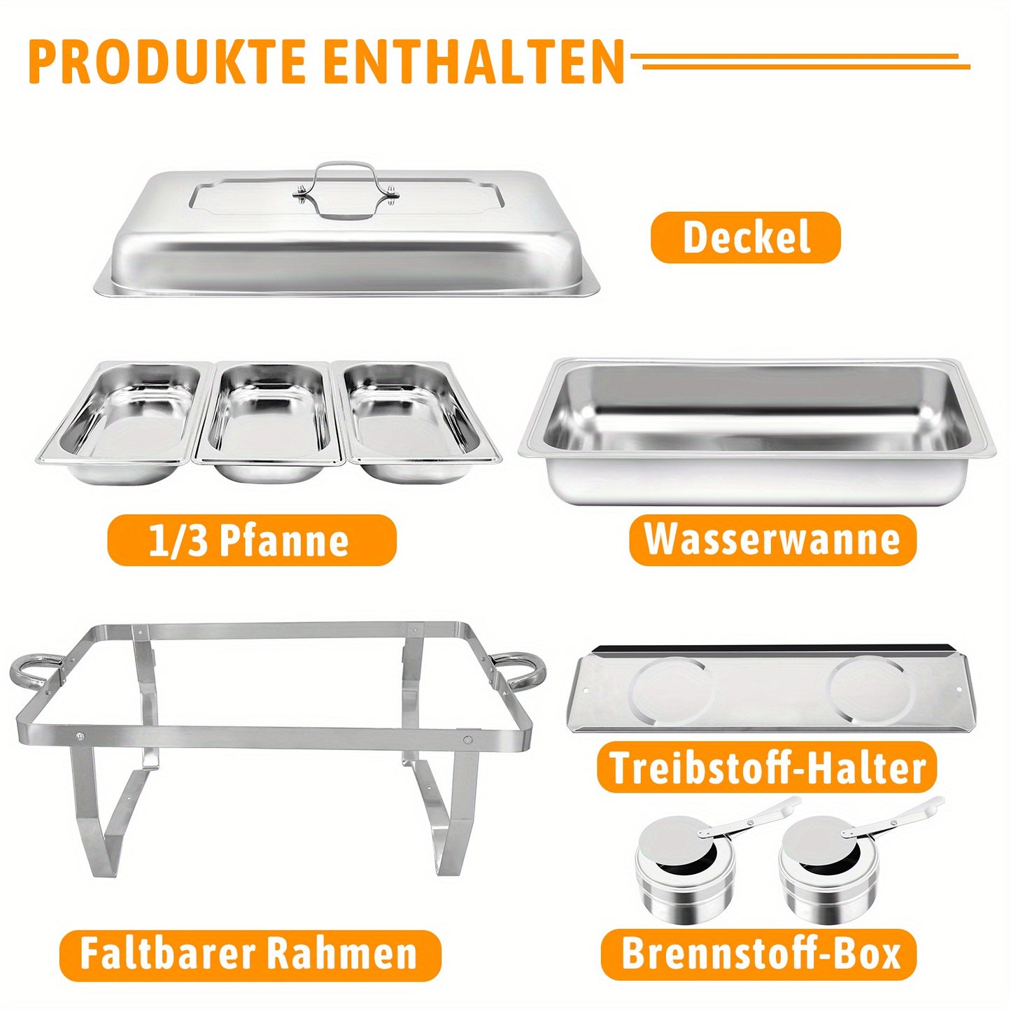 2/4/6/8 Stück 9L Edelstahl Chafing Dish Buffet Set mit 1/3 Größe Lebensmittel Pfannen Erwärmungsbehälter für Catering, Buffet und Party