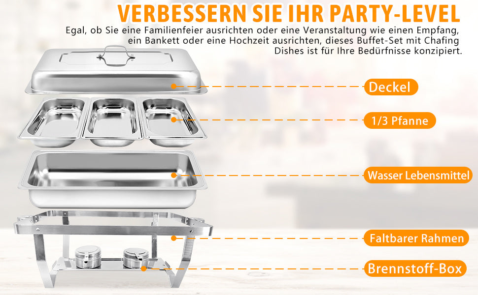 2/4/6/8 Stück 9L Edelstahl Chafing Dish Buffet Set mit 1/3 Größe Lebensmittel Pfannen Erwärmungsbehälter für Catering, Buffet und Party