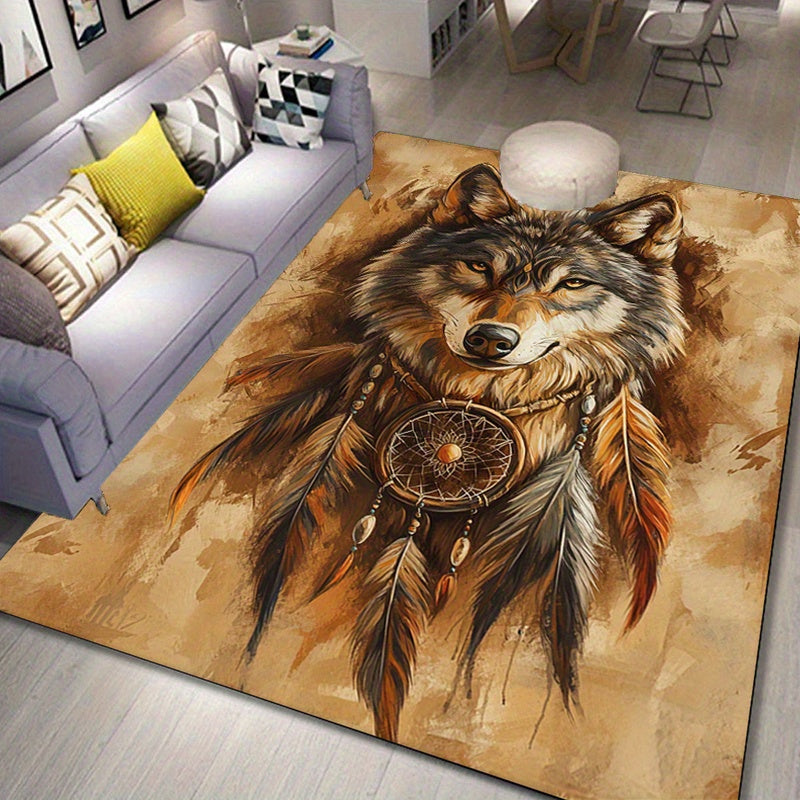 Dreamcatcher & Wolf 3D Printed Area Rug - Non-Slip, Large Rectangle Carpet for Living Room, Bedroom, Kitchen - Perfect Home Decor & Christmas Gift, Christmas Decor