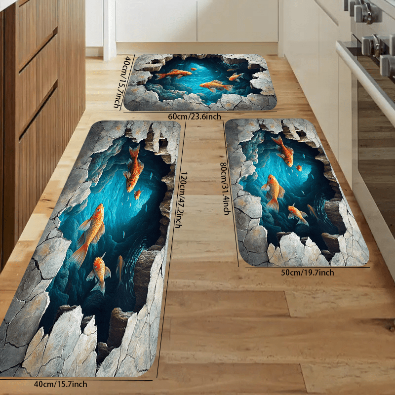 3D Illusion Kitchen Rug – Polyester Non-Slip Area Mat with Ocean and Fish Design – Machine Washable Decorative Floor Carpet for Home, Office – Realistic Underwater Scenery with Cracked Rock Effect – 1PC