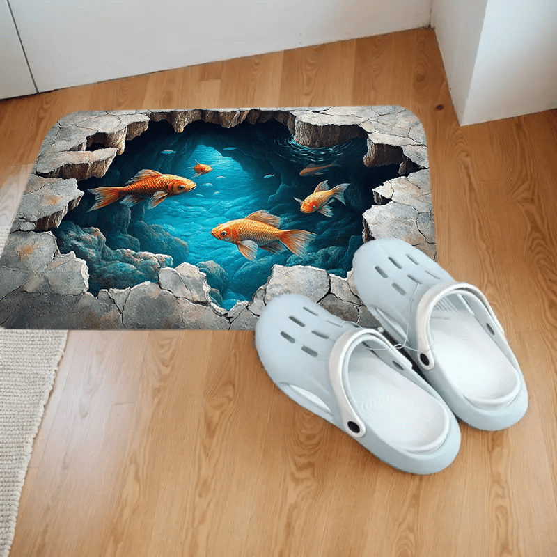 3D Illusion Kitchen Rug – Polyester Non-Slip Area Mat with Ocean and Fish Design – Machine Washable Decorative Floor Carpet for Home, Office – Realistic Underwater Scenery with Cracked Rock Effect – 1PC