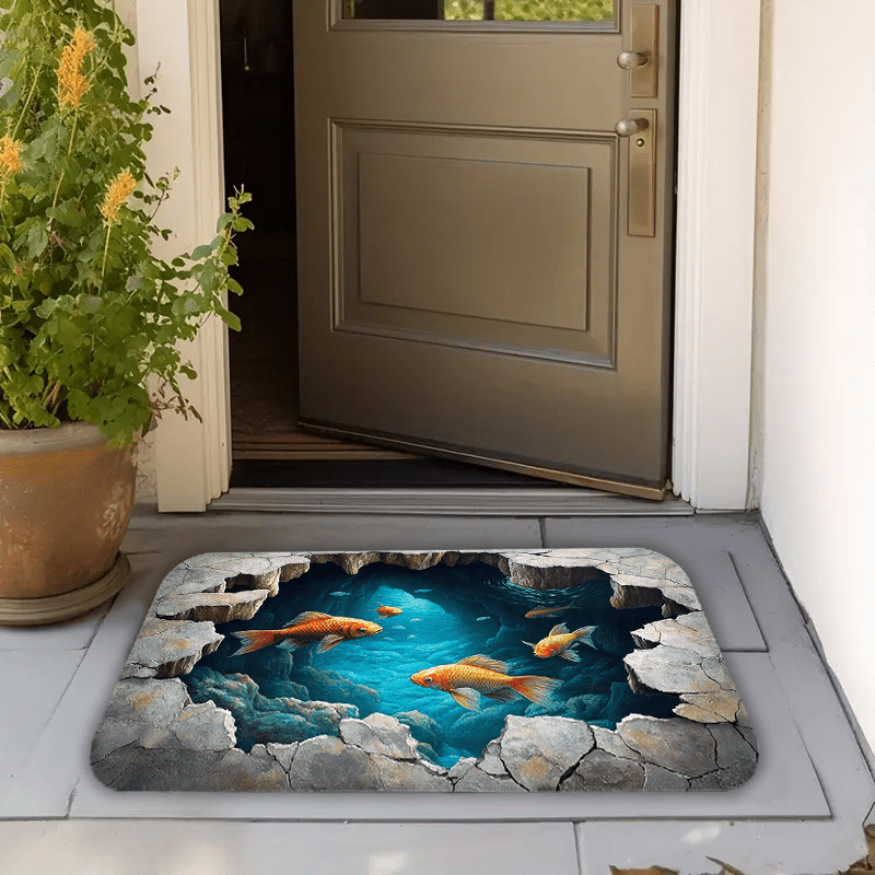 3D Illusion Kitchen Rug – Polyester Non-Slip Area Mat with Ocean and Fish Design – Machine Washable Decorative Floor Carpet for Home, Office – Realistic Underwater Scenery with Cracked Rock Effect – 1PC