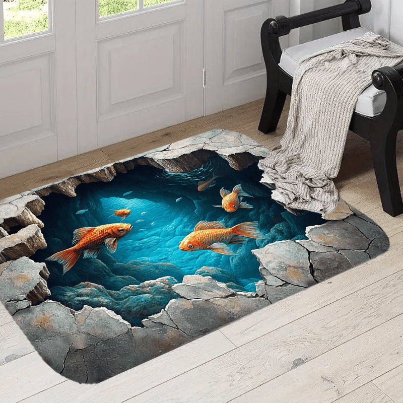 3D Illusion Kitchen Rug – Polyester Non-Slip Area Mat with Ocean and Fish Design – Machine Washable Decorative Floor Carpet for Home, Office – Realistic Underwater Scenery with Cracked Rock Effect – 1PC