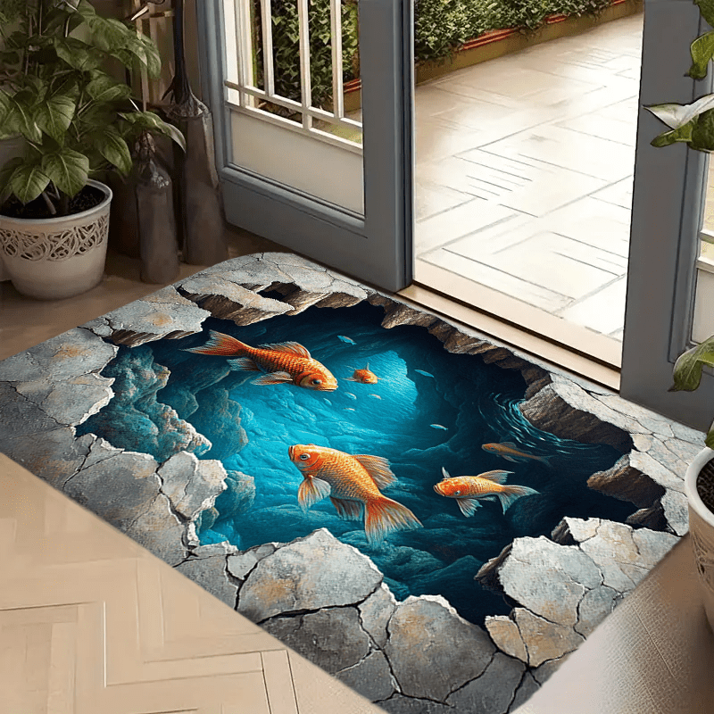 3D Illusion Kitchen Rug – Polyester Non-Slip Area Mat with Ocean and Fish Design – Machine Washable Decorative Floor Carpet for Home, Office – Realistic Underwater Scenery with Cracked Rock Effect – 1PC