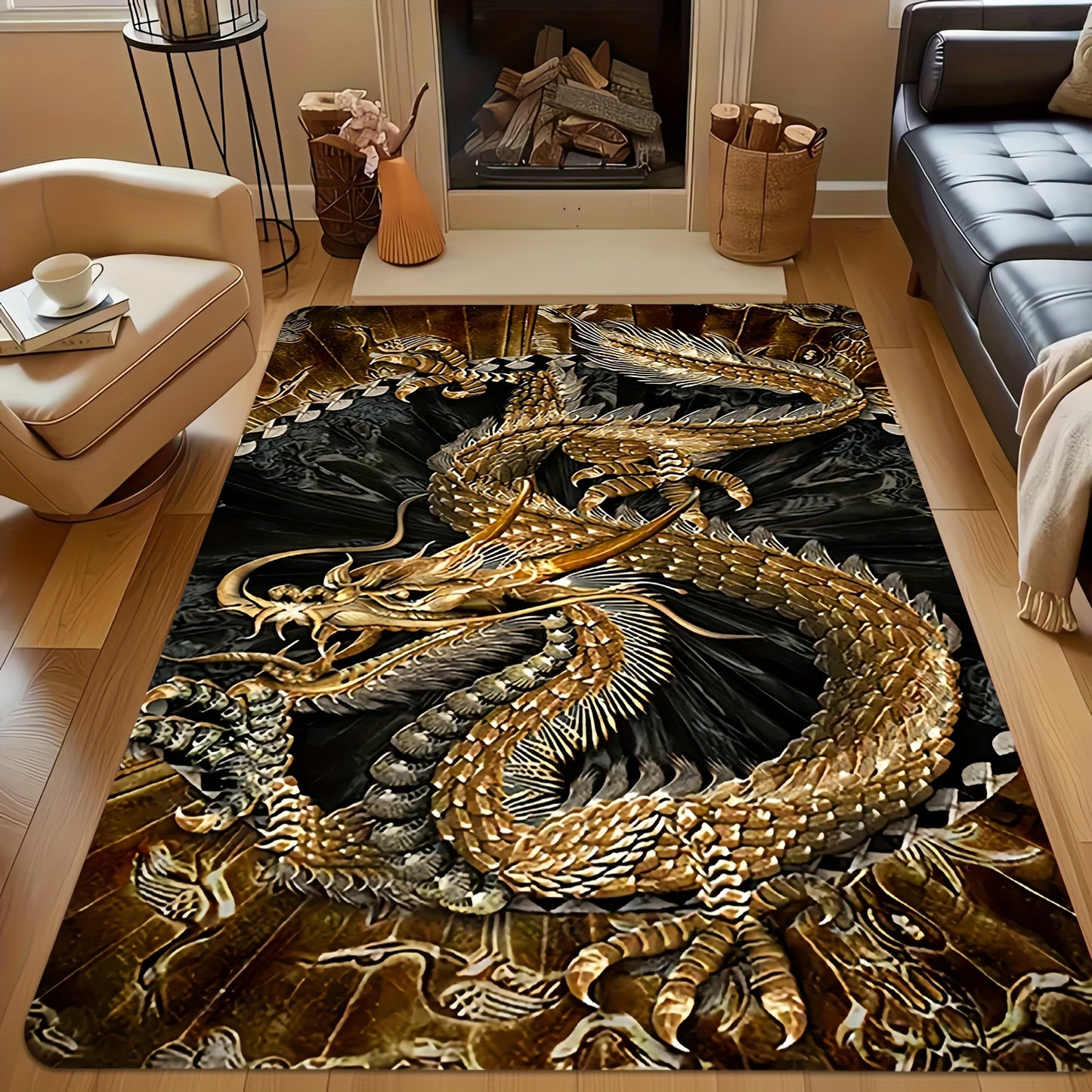 Golden Dragon Area Rug - Stain Resistant, Non-Slip, Machine Washable, Knit Weave - Polyester, Memory Foam, Anti-Fatigue for Living Room, Bedroom, Entryway, and Outdoor Use - Decorative Rectangle Mat