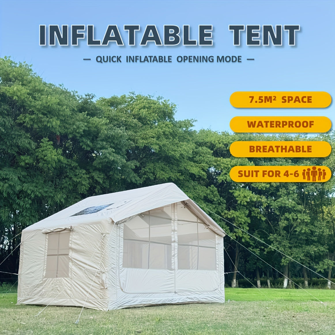 6-10 Persons Outdoor Camping Inflatable Tent, Large Space Comfortable Leisure, Portable Foldable Storage, Thickened Waterproof Windproof Tear-Resistant Durable Ventilated Mosquito-Proof Warm, Spring Autumn Summer Winter, Zip