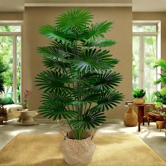 A Single Artificial Palm Tree, Potted Home Decor Plant with 24 Plastic Leaves, a Green Wide-Leaf Tropical Rainforest Decorative Tree, Suitable for Seasonal Indoor And Outdoor Artificial Tree Arrangements, Perfect for Weddings