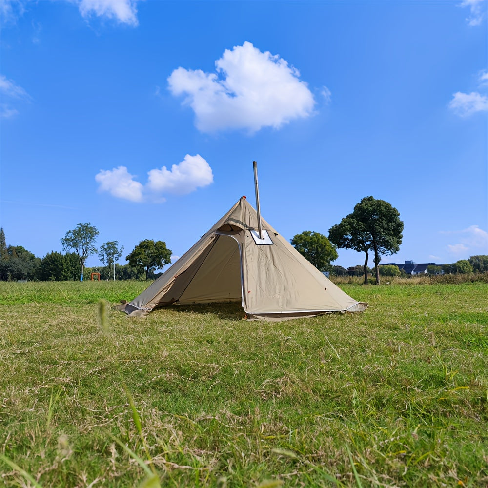 Octagonal Pyramid Tent, Four Season Camping Shelter with Chimney Hole, 160.02cm Tall, 3.2meter Diameter, Normal Waterproof Polyester, Zipper Closure, Alloy Brackets, Age 14+, Includes Chimney Safety Cloth.