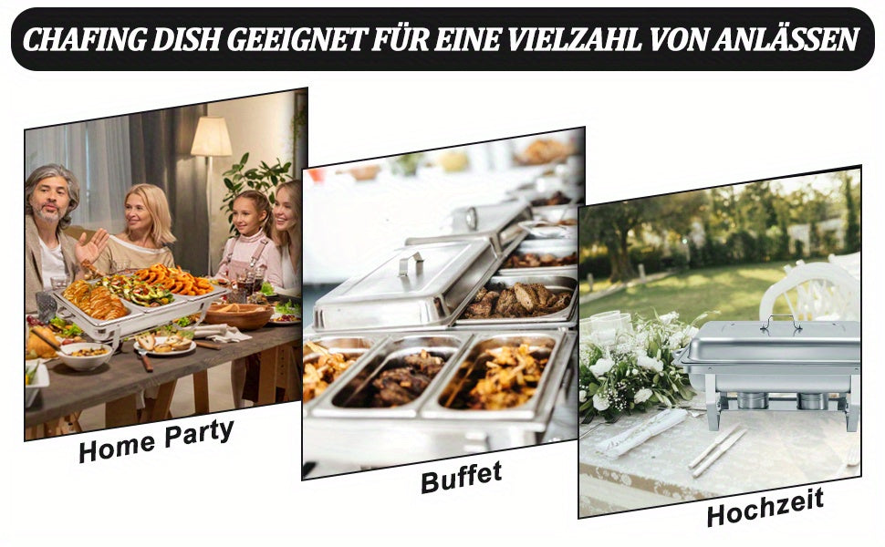 9L 2/4/6/8pcs Chafing Dish Edelstahl Buffet-Set Warmhaltebehälter Speisenwärmer Wärmebehälter Rechaud für Catering, Buffet und Party