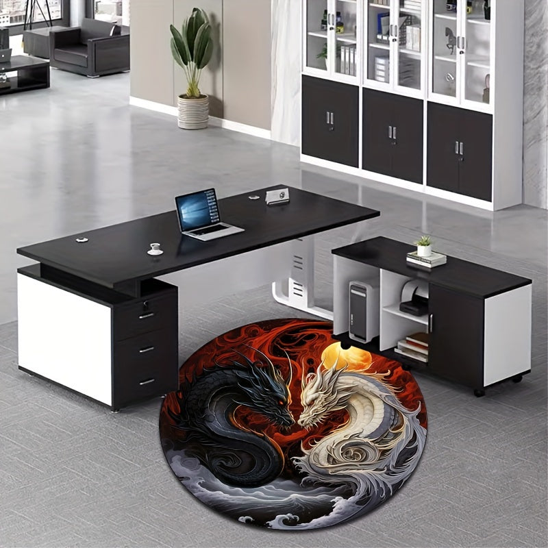 Striking Yin-Yang Dragon Design Round Rug - Non-Slip, Machine Washable Carpet in Vivid Black & White with Red Accents, Perfect for Living Room, Bedroom, Bathroom, Kitchen - Available in Multiple Sizes, Rugs for Living Room