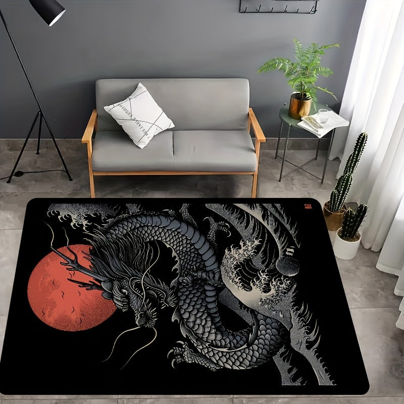 1pc Chinese Dragon Gaming Room Rug, 8mm Thick Polyester Rectangle Mat, Machine Washable, Decorative Indoor Carpet for Bedroom, Living Room, Laundry, Bathroom, Kitchen Entrance - Washable and Durable