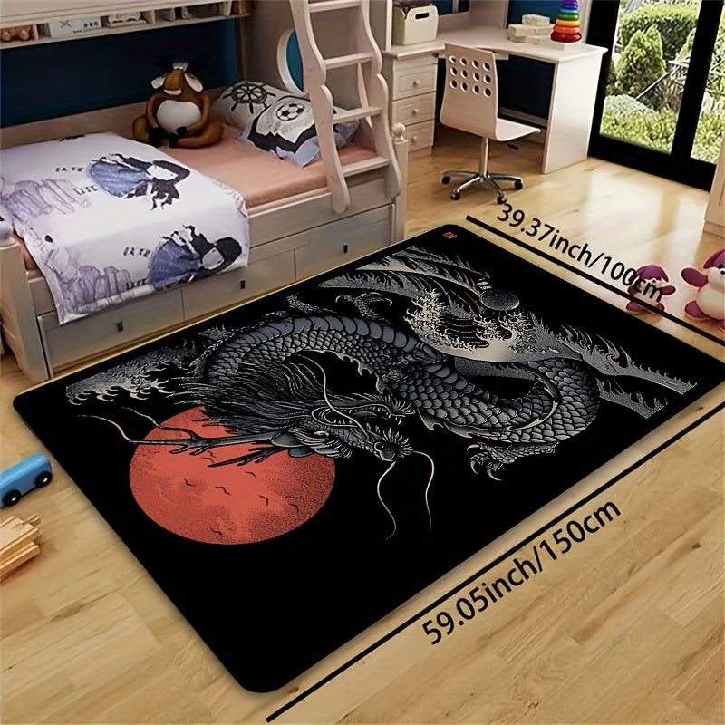 1pc Chinese Dragon Gaming Room Rug, 8mm Thick Polyester Rectangle Mat, Machine Washable, Decorative Indoor Carpet for Bedroom, Living Room, Laundry, Bathroom, Kitchen Entrance - Washable and Durable