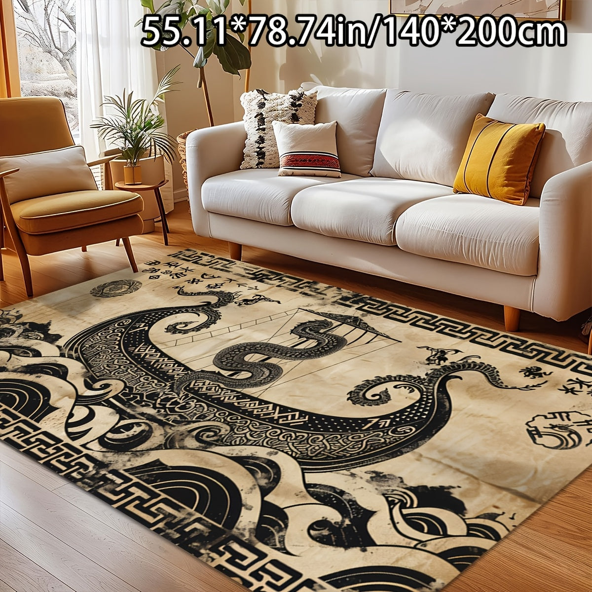 1pc ADSUVAN Luxury Dragon and Boat Modern Art Pattern Area Rug, Soft Crystal Velvet, 750g/m², Non-Slip Backing, Machine Washable, Rectangle Polyester Fiber Carpet for Living Room, Bedroom, Indoor Use - Multiple Sizes Availab