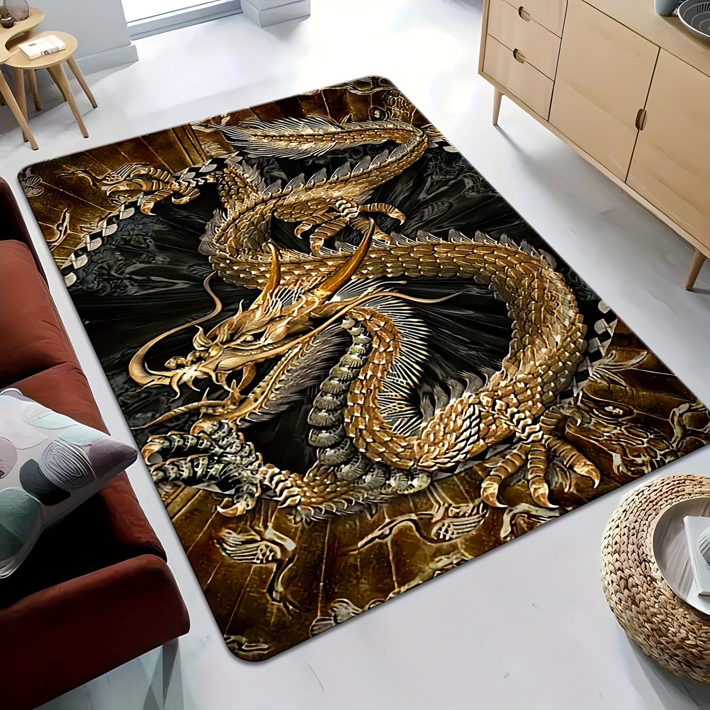 Golden Dragon Area Rug - Stain Resistant, Non-Slip, Machine Washable, Knit Weave - Polyester, Memory Foam, Anti-Fatigue for Living Room, Bedroom, Entryway, and Outdoor Use - Decorative Rectangle Mat