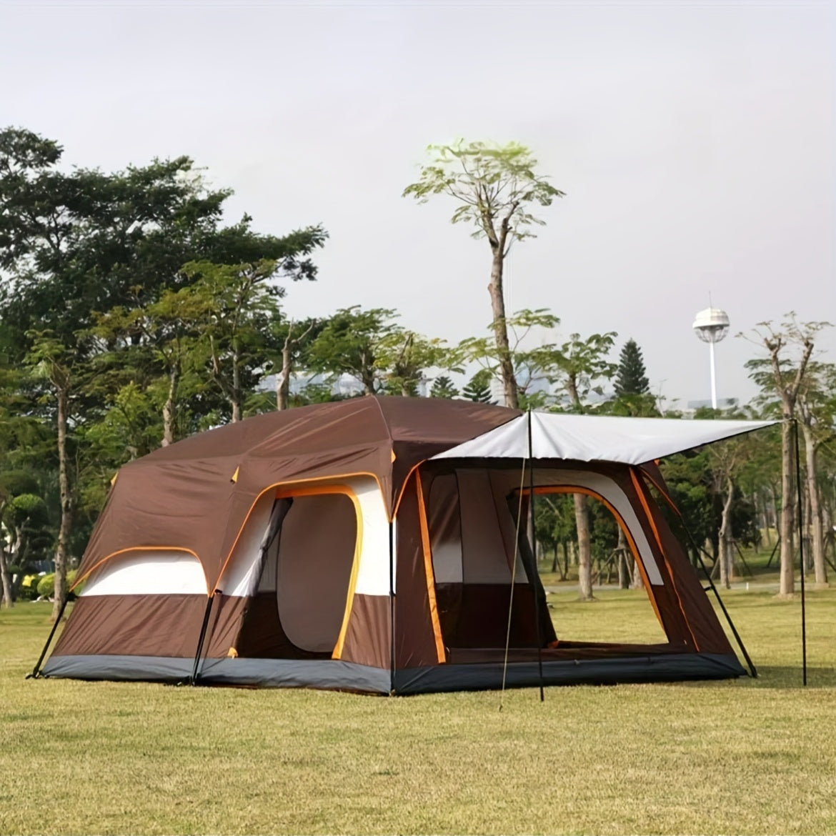 All-Season Family Camping Tent, 2-Room & 1-Hall Design, Square Shape, Polyester Fabric, Iron Frame, Zipper Closure, for Ages 14+, Ideal for Spring, Summer, Fall, Winter