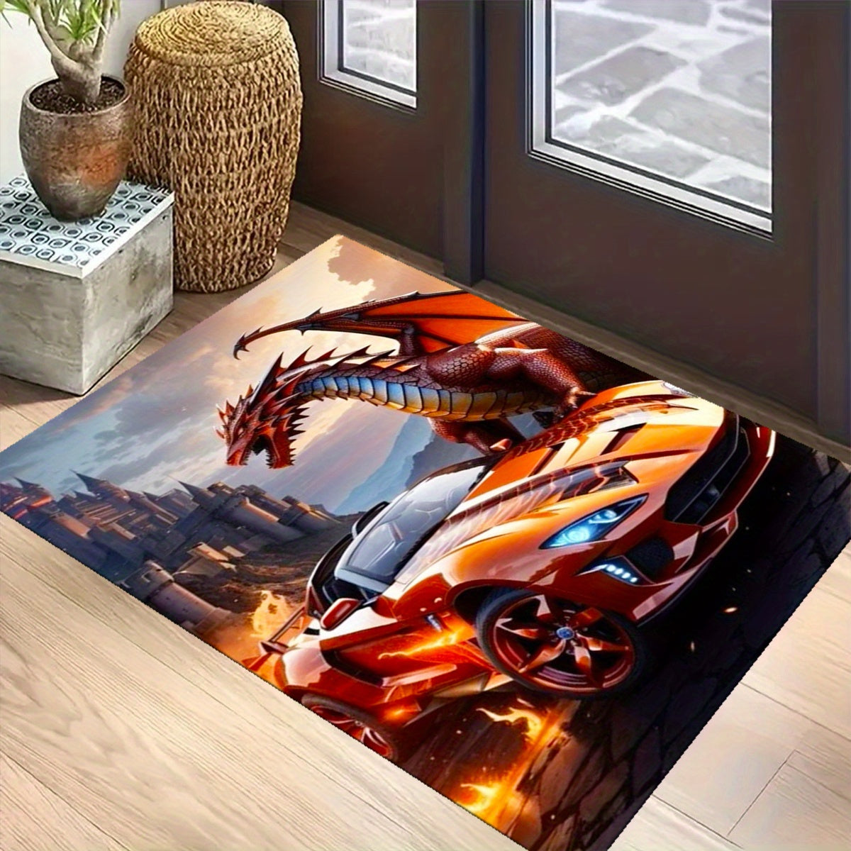 Ultra-Soft Crystal Velvet Rug with Sports Car & Flying Dragon Design - 3D Printed, Comfortable for Living Room, Bedroom, Hallway - Large Area Coverage