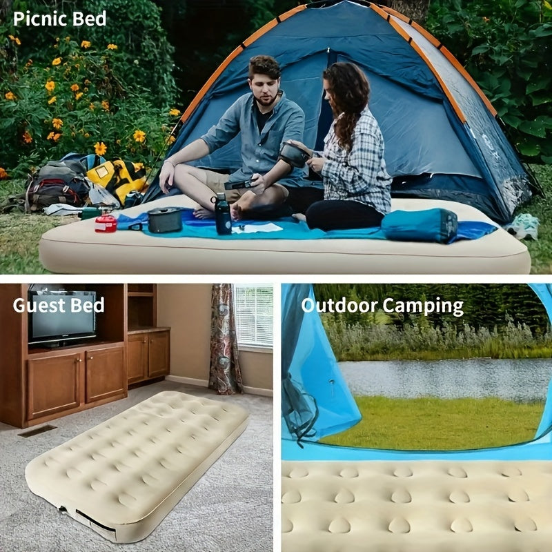 1pc Extra-Wide Single Person Khaki Inflatable Flocked Air Mattress, Elegant & Cozy PVC Fabric, Rectangle Camping Tent Sleeping Pad, Foldable for Home Office Floor Use - Pump Not Included