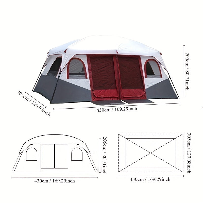 10-Person Outdoor Camping Tent with Vestibule, Solid Color, Square Shape, All-Season, Waterproof Oxford Cloth, Iron Bracket, Zipper Closure, Dual Rooms, Sun Protection for Family Parties, Climbing, Shed