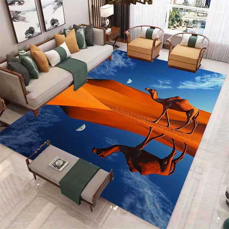 1pc 3D Camel Desert Print Anti-Slip Rug, Reflective Dunes and Moonlight Pattern, Washable Durable Polyester Carpet for Office, Living Room, Bedroom, Hallway Decor