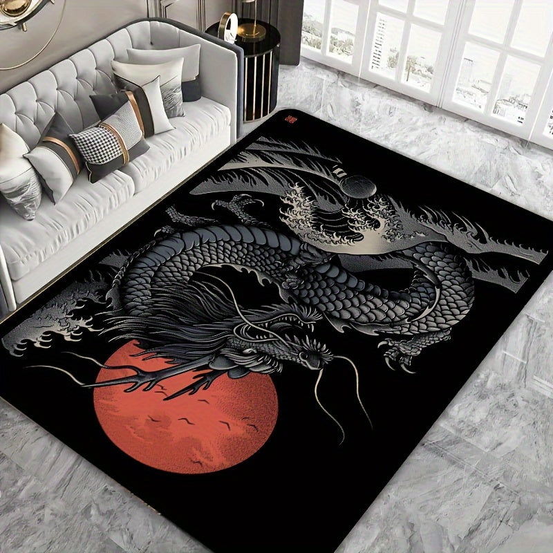 1pc Chinese Dragon Gaming Room Rug, 8mm Thick Polyester Rectangle Mat, Machine Washable, Decorative Indoor Carpet for Bedroom, Living Room, Laundry, Bathroom, Kitchen Entrance - Washable and Durable